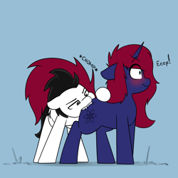 Size: 2342x2341 | Tagged: safe, artist:vipy, derpibooru import, oc, oc only, oc:lumera, oc:vipy, earth pony, pony, unicorn, biting, blue background, blushing, butt bite, chomp, simple background