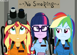 Size: 1058x756 | Tagged: safe, artist:robukun, derpibooru import, rainbow dash, sci-twi, sunset shimmer, twilight sparkle, human, equestria girls, female, ghostbusters, proton pack, trio, trio female