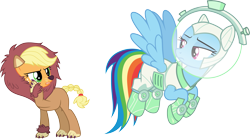 Size: 5381x3000 | Tagged: safe, artist:cloudyglow, derpibooru import, applejack, rainbow dash, scare master, .ai available, animal costume, applelion, astrodash, clothes, costume, simple background, transparent background, vector