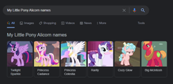 Size: 818x399 | Tagged: safe, derpibooru import, screencap, big macintosh, cozy glow, princess cadance, princess celestia, rarity, twilight sparkle, twilight sparkle (alicorn), alicorn, earth pony, pegasus, pony, unicorn, g4, female, filly, foal, google, google search, group, male, mare, stallion, text