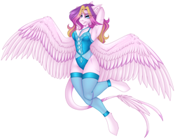 Size: 2898x2308 | Tagged: safe, artist:ouijaa, derpibooru import, oc, oc only, oc:darling, anthro, pegasus, unguligrade anthro, arm behind head, blue eyes, blue underwear, clothes, feathered tail, fishnet stockings, lace, leg warmers, leonine tail, lingerie, long hair, pink body, simple background, socks, solo, spread wings, tail, thigh highs, transparent background, underwear, velvet, wings