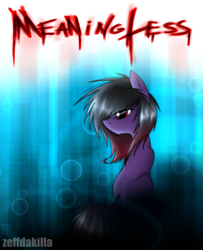 Size: 1865x2300 | Tagged: safe, artist:zeffdakilla, derpibooru import, oc, oc only, oc:frankie fang, pony, abstract background, black mane, blood, blood text, emo, looking away, looking to side, looking to the left, purple fur, scene, sitting, solo, turned away