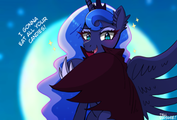 Size: 1920x1305 | Tagged: safe, artist:tsudashie, derpibooru import, princess luna, alicorn, pony, undead, vampire, vampony, clothes, fangs, halloween, holiday, jewelry, looking at you, mlp fim's twelfth anniversary, moon, night, robe, smiling, sparkles, spread wings, text, wings