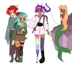 Size: 6912x6300 | Tagged: safe, artist:idkhesoff, derpibooru import, oc, oc only, oc:doodles, oc:iris sparkler, oc:oodles, oc:spring mint, human, mermaid, undead, zombie, absurd resolution, alternate hairstyle, amputee, bandage, bandana, bikini, blood, blushing, boots, bra, bra strap, clothes, corset, costume, denim, elf ears, feather, female, fishing hook, fishing rod, grin, halloween, halloween costume, hat, hay, holiday, hook, hook hand, horn, horned humanization, humanized, humanized oc, jeans, midriff, pants, peg leg, pirate, prosthetic leg, prosthetic limb, prosthetics, ripped stockings, rock, scar, scarecrow, shirt, shoes, shorts, simple background, skirt, smiling, socks, starfish, stitches, stockings, straw, swimsuit, thigh highs, torn clothes, torn socks, transparent background, underwear, wall of tags