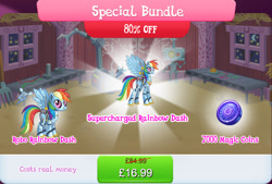 Size: 1270x858 | Tagged: safe, derpibooru import, rainbow dash, pegasus, pony, robot, robot pony, antennae, bundle, camera, costs real money, duality, english, fan, female, gameloft, height difference, magic coins, mare, numbers, official, rainbot dash, roboticization, sale, spread wings, text, wings