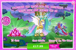Size: 1958x1296 | Tagged: safe, derpibooru import, princess celestia, alicorn, pony, advertisement, armor, bat wings, bush, chaos, costs real money, crown, english, female, gameloft, gem, horn, jewelry, mare, numbers, official, regalia, spread wings, text, throne, throne room, water, wings