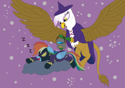 Size: 3508x2480 | Tagged: safe, artist:jack-varus, derpibooru import, gilda, rainbow dash, griffon, pegasus, clothes, cloud, costume, female, mlp fim's twelfth anniversary, night, nightmare night, prank, shadowbolt dash, simple background, sleeping