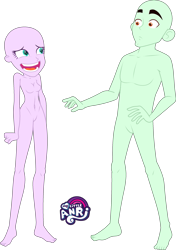 Size: 2009x2861 | Tagged: safe, artist:emperor-anri, derpibooru import, oc, oc only, equestria girls, bald, barefoot, base, breasts, duo, eyelashes, featureless breasts, featureless crotch, feet, female, laughing, male, simple background, transparent background