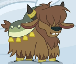 Size: 715x610 | Tagged: safe, derpibooru import, screencap, yak, not asking for trouble, calf, cropped, hair over eyes, horns, male, short tail, snow, solo, tail, teeth, yak calf, yona's brother