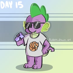 Size: 1080x1080 | Tagged: safe, artist:flutterpawss, derpibooru import, spike, dragon, abstract background, clothes, drinking, glasses, inktober 2022, male, shirt, solo, sunglasses