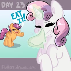 Size: 1080x1080 | Tagged: safe, artist:flutterpawss, derpibooru import, scootaloo, sweetie belle, pegasus, pony, unicorn, duo, female, filly, foal, glowing, glowing horn, horn, inktober 2022, magic, pointing, raised hoof, raised leg, sneezing, telekinesis, wings