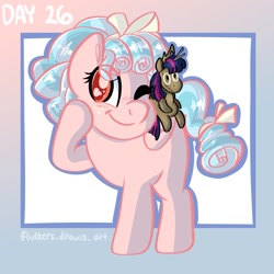 Size: 1080x1080 | Tagged: safe, artist:flutterpawss, derpibooru import, cozy glow, pegasus, pony, abstract background, female, filly, foal, freckles, inktober 2022, one eye closed, plushie, smiling, solo, toy, wings, wink