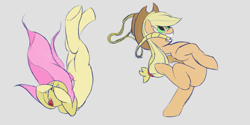 Size: 1366x685 | Tagged: safe, artist:mrabrickwall, derpibooru import, applejack, fluttershy, pegasus, pony, applejack's hat, backbend, clothes, cowboy hat, duo, falling, female, hat, mare, mouth hold, rope