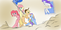 Size: 1366x685 | Tagged: safe, artist:mrabrickwall, derpibooru import, applejack, fluttershy, pinkie pie, rainbow dash, rarity, earth pony, pegasus, pony, unicorn, applejack's hat, clothes, cowboy hat, female, flag, flag pole, hat, iwo jima, levitation, magic, mare, mouth hold, raising the flag on iwo jima, self-levitation, sitting, telekinesis