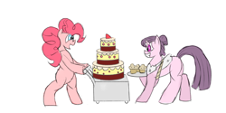 Size: 1366x685 | Tagged: safe, artist:mrabrickwall, derpibooru import, pinkie pie, sugar belle, earth pony, pony, unicorn, bipedal, cake, cupcake, duo, female, food, mare, simple background, white background