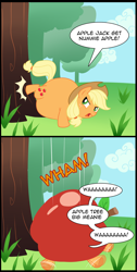 Size: 804x1600 | Tagged: safe, artist:diablo2000, derpibooru import, applejack, earth pony, pony, abuse, apple, apple tree, applebucking, applefat, chibi, chubby, fat, food, giant apple, jackabuse, tiny, tiny ponies, tree