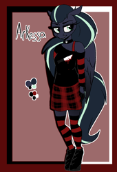 Size: 826x1213 | Tagged: safe, artist:arume_lux, derpibooru import, oc, oc only, oc:arkessa, anthro, pegasus, choker, clothes, fangs, female, shoes, socks, solo, striped socks, thigh highs, wings