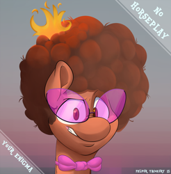 Size: 1024x1041 | Tagged: safe, artist:omnifelpur, derpibooru import, oc, earth pony, pony, abstract background, afro, bowtie, bust, earth pony oc, female, fire, male, mare, solo, stallion, sunglasses