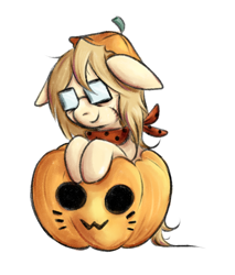 Size: 1490x1748 | Tagged: safe, artist:coco-drillo, derpibooru import, oc, oc:cocodrillo, earth pony, pony, :3, clothes, commission, ears, floppy ears, glasses, hat, looking at you, messy mane, pumpkin, scar, scarf, simple background, smiling, solo, white background, ych example, ych result, your character here