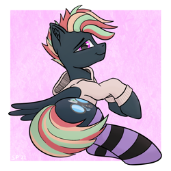 Size: 1544x1544 | Tagged: safe, artist:single purpose, derpibooru import, oc, oc only, oc:treading step, pegasus, clothes, hoodie, looking at you, socks, solo, strategically covered, striped socks