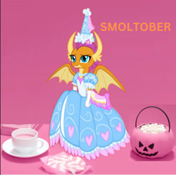 Size: 1396x1384 | Tagged: safe, artist:darlycatmake, derpibooru import, smolder, beautiful, candy, clothes, costume, cup, cute, dragon wings, dress, flower, food, froufrou glittery lacy outfit, gloves, halloween, halloween costume, happy, holiday, jewelry, long gloves, looking at you, necklace, pink background, princess, princess smolder, relaxed, relaxed face, simple background, smiling, smiling at you, smolderbetes, spread wings, tea, teacup, wings