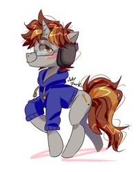 Size: 1080x1350 | Tagged: safe, artist:jully-park, derpibooru import, oc, oc only, oc:writing star, unicorn, clothes, glasses, headphones, hoodie, simple background, solo, sweater, white background