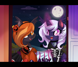 Size: 3164x2700 | Tagged: safe, artist:spookyle, derpibooru import, oc, oc only, oc:harvest moon, oc:spectra, bat pony, hybrid, pony, unicorn, bat pony unicorn, female, halloween, holiday, horn, mare, moon, night, nightmare night, trick or treat