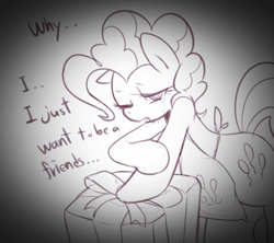 Size: 1000x887 | Tagged: safe, artist:maren, derpibooru import, pinkie pie, earth pony, pony, g4, 2013, apron, clothes, crying, dialogue, doodle, engrish, female, leaning, looking at you, mare, old art, one eye closed, present, sad, solo