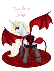 Size: 3000x4000 | Tagged: safe, artist:loopina, derpibooru import, oc, oc:strong arrow, succubus, unicorn, clothes, cosplay, costume, deying, female, lingerie, mare, pocctober, ponysona, simple background, solo, transparent background