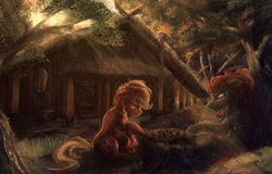 Size: 3000x1918 | Tagged: safe, artist:amura-of-jupiter, derpibooru import, oc, earth pony, amputee, anvil, birch tree, board game, challenge, crepuscular rays, cutie mark, detailed background, female, forest, frown, game, grass, house, male, moss, mushroom, outdoors, painting, playing, shield, smug, stump, thatch, thinking, tree