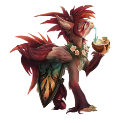 Size: 2052x2052 | Tagged: safe, artist:amura-of-jupiter, derpibooru import, oc, oc only, griffon, claws, coconut, coconut cup, drink, female, flower, food, fruit, lei, resting, shield, simple background, solo, transparent background, unshorn fetlocks