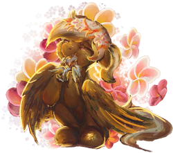 Size: 577x510 | Tagged: safe, artist:amura-of-jupiter, artist:tiothebeetle, derpibooru import, oc, oc:coffee cream, bird, pegasus, female, fletching, floral head wreath, flower, glasses, hug, lei, lowres, painting, plumeria, pokémon, simple background, smiling, solo, transparent background