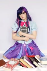Size: 1365x2048 | Tagged: safe, derpibooru import, twilight sparkle, human, equestria girls, book, clothes, cosplay, costume, glasses, irl, irl human, photo, solo