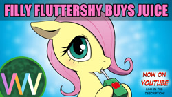 Size: 1920x1080 | Tagged: safe, artist:doublewbrothers, derpibooru import, fluttershy, pegasus, pony, cute, female, filly, filly fluttershy, flutterjuice, foal, hair over one eye, juice, juice box, shyabetes, younger