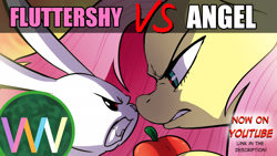 Size: 1920x1080 | Tagged: safe, artist:doublewbrothers, derpibooru import, angel bunny, fluttershy, pony, rabbit, angry, animal, apple, food, gritted teeth, looking at each other, looking at someone, nose to nose, teeth, youtube thumbnail