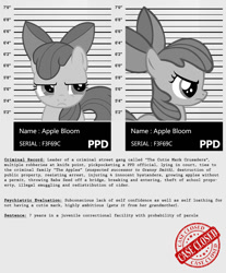 Size: 910x1100 | Tagged: safe, artist:dan232323, derpibooru import, apple bloom, pony, implied babs seed, implied cutie mark crusaders, implied granny smith, my little criminal records