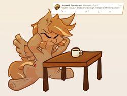 Size: 640x486 | Tagged: safe, artist:foxtrnal, derpibooru import, oc, oc only, oc:amber wings, oc:max, pegasus, comments, cream background, ear fluff, ears, freckles, hooves on cheeks, male, mug, pegasus oc, reddit, simple background, sitting, solo, stallion, table