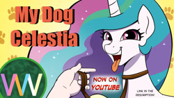 Size: 1280x720 | Tagged: safe, artist:doublewbrothers, derpibooru import, princess celestia, alicorn, human, pony, 2021, behaving like a dog, collar, hand, leash, old art, open mouth, pony pet, sunmutt, tongue, tongue out, youtube thumbnail