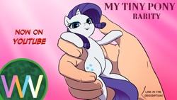 Size: 1280x720 | Tagged: safe, artist:doublewbrothers, derpibooru import, rarity, human, pony, unicorn, my tiny pony, 2021, hand, in goliath's palm, micro, old art, size difference, tiny, tiny ponies, youtube thumbnail