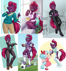 Size: 2000x2144 | Tagged: safe, artist:dstears, derpibooru import, part of a set, cozy glow, fizzlepop berrytwist, tempest shadow, anthro, pegasus, plantigrade anthro, unicorn, anthrofied, belly button, belt, blowing whistle, breasts, broken horn, clipboard, clothes, compilation, cute, eye scar, eyes closed, facial scar, female, filly, foal, football, gloves, grass, gym teacher tempest, horn, mare, midriff, mouth hold, open mouth, ponytones outfit, reasonably sized breasts, scar, school of friendship, sexy, shoes, simple background, singing, socks, sports, suit, tail, tempestbetes, that pony sure does love whistles, visor cap, whistle, whistle necklace, wide hips