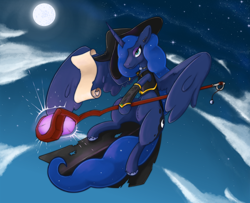 Size: 2000x1625 | Tagged: safe, artist:wild-thunder06, derpibooru import, princess luna, alicorn, pony, clothes, cloud, costume, female, flying, full moon, halloween, hat, holiday, lidded eyes, magic staff, mare, moon, night, nightmare night, scroll, solo, witch costume, witch hat