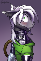 Size: 2000x3000 | Tagged: safe, artist:jedayskayvoker, derpibooru import, oc, oc only, hybrid, pony, bust, clothes, gradient background, hoodie, icon, latex, latex suit, looking at you, male, oc name needed, patreon, patreon reward, portrait, rubber, solo, stallion