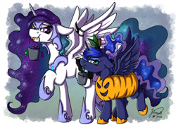 Size: 1920x1358 | Tagged: safe, artist:julunis14, derpibooru import, nightmare moon, princess celestia, princess luna, alicorn, pony, blushing, bucket, candy, clothes, costume, ears, fangs, floppy ears, food, halloween, holiday, jack-o-lantern, luna is not amused, mouth hold, nightmare moon armor, pumpkin, royal sisters, siblings, sisters, tongue, tongue out, unamused