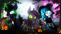Size: 7680x4320 | Tagged: safe, artist:lagmanor, derpibooru import, oc, oc only, oc:lagmanor amell, oc:wintergleam, oc:xenia amata, bat, bat pony, original species, pony, timber pony, timber wolf, undead, unicorn, vampire, vampony, 3d, absurd file size, absurd resolution, bat ears, bat eyes, bat wings, blurry background, boots, braid, broom, candle, claws, clothes, fangs, female, fence, flower, flying, flying broomstick, forest, full moon, glasses, glowing, glowing eyes, glowing horn, gravestone, green eyes, halloween, hat, holding, holiday, horn, jack-o-lantern, lantern, lens flare, looking at you, magic, magic wand, male, mare, moon, moonlight, nebula, night, night sky, nightmare night, pine tree, pumpkin, raised eyebrow, raised leg, rose, round glasses, shoes, sky, smiling, smiling at you, smirk, source filmmaker, stallion, sword, telekinesis, tree, tree branch, weapon, wings, witch, witch hat
