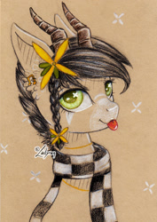 Size: 1024x1444 | Tagged: safe, artist:lailyren, derpibooru import, oc, oc only, oc:sound error, earth pony, pony, :p, clothes, ear piercing, earth pony oc, flower, flower in hair, horns, jewelry, piercing, scarf, solo, tongue, tongue out