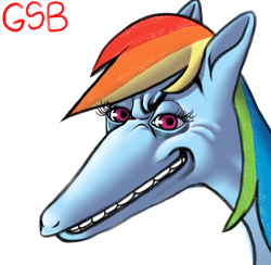 Size: 3072x3000 | Tagged: safe, artist:greatspacebeaver, derpibooru import, rainbow dash, pony, faic, female, grin, looking at you, majestic as fuck, simple background, smiling, solo, staring into your soul, wat, white background