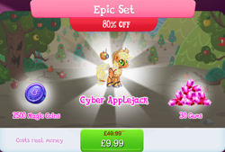 Size: 1264x856 | Tagged: safe, derpibooru import, applejack, earth pony, pony, robot, robot pony, antennae, applebot, bundle, camera, costs real money, english, female, gameloft, gem, magic coins, mare, numbers, official, roboticization, sale, solo, solo focus, text, tree