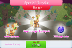 Size: 1267x854 | Tagged: safe, derpibooru import, applejack, earth pony, pony, robot, robot pony, antennae, applebot, bundle, camera, costs real money, duality, english, female, gameloft, height difference, magic coins, mare, numbers, official, roboticization, sale, solo, solo focus, text, tree