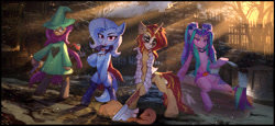 Size: 3016x1387 | Tagged: safe, artist:anti1mozg, artist:breakdream, artist:foxpit, artist:ramiras, derpibooru import, aria blaze, sunset shimmer, trixie, pony, undead, unicorn, vampire, vampony, collaboration, axe, bipedal, blood, candle, clothes, costume, deltarune, face paint, female, females only, fence, frankenstein's monster, grave, gravestone, graveyard, gun, jack-o-lantern, mare, morning, pumpkin, ralsei, ruffled shirt, scarf, snow, snowfall, sunlight, weapon, wine glass