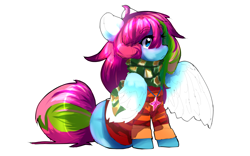 Size: 4000x2500 | Tagged: safe, artist:nova19, derpibooru import, oc, oc only, oc:media smile, pegasus, clothes, glowing, glowing ears, glowing wings, pegasus oc, simple background, sitting, solo, white background, wings